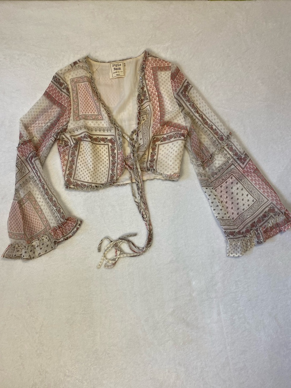 Style Rack Floral Long Sleeve Bell Sleeve Cropped Wrap Blouse Size Small